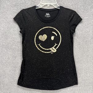 Justice Top Girls 14 Black Gold Smile Face short‎ Sleeve stretch T-Shirt